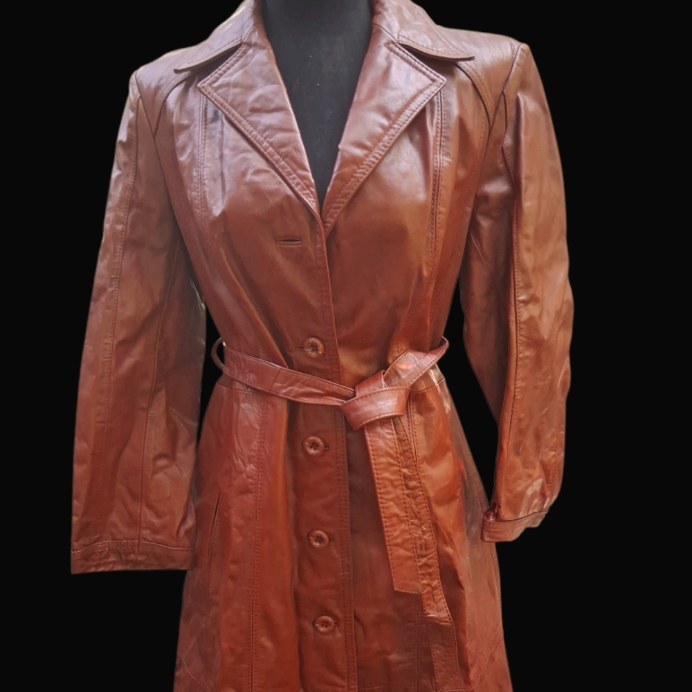 VINTAGE Women's Brown Leather Trench Coat